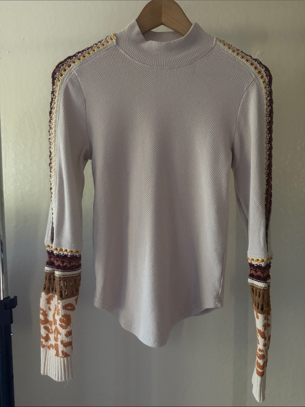 Free People Cream Knit Long Sleeve Top with Multicolor Crochet Sleeves M
